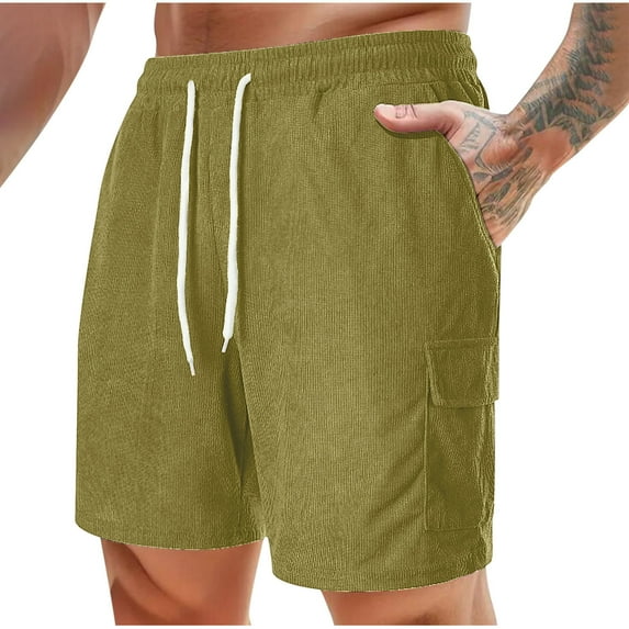 UVEASISHA Corduroy Shorts Mens 5 inch Inseam,Men's Shorts Casual Corduroy Drawstring Elastic Waist Lightweight Summer Beach Shorts Loose Fit Yellow,XL