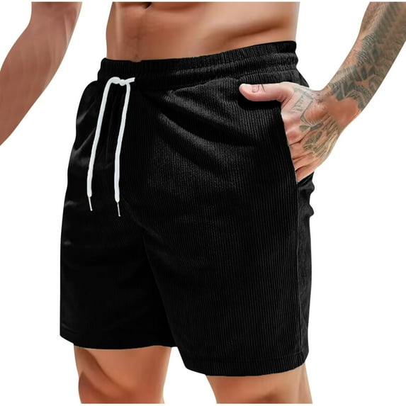 UVEASISHA Corduroy Shorts for Men 2025,Men's Corduroy Shorts Casual Elastic Waist Drawstring Lightweight Summer Beach Shorts Black,XXL