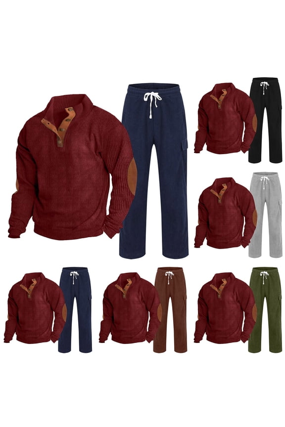 Corduroy Sweatsuit for Men Half Button Collar Sweatshirt Drawstring Sweatpants 2 Piece Set Elbow Patch Long Sleeve Pullover Tops Casual Outfits Red S