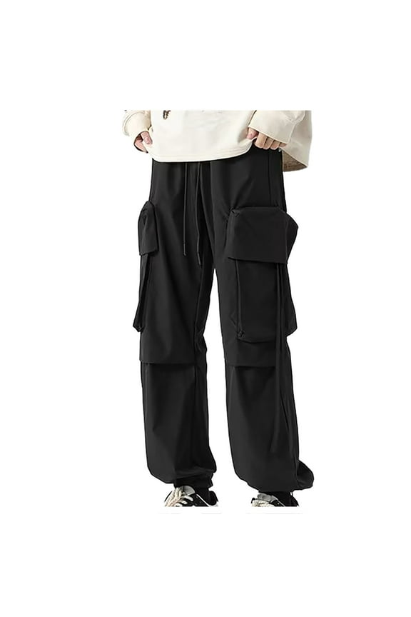 Cotton Cargo Pants for Men Ripstop Hiking Pants Drawstring Elastic Waist Casual Athletic Pants with Multi Pockets Black M