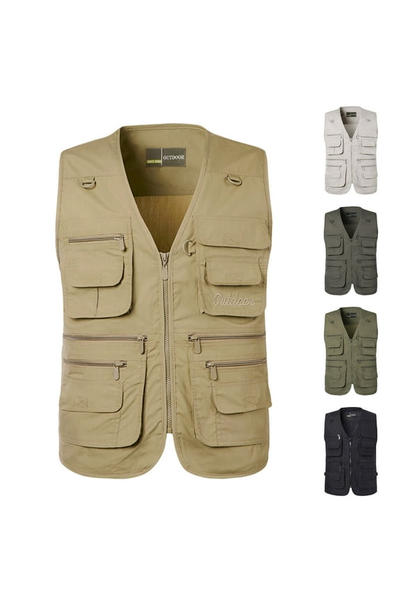 Cotton Cargo Vest for Men V Neck Sleeveless Work Jackets Lightweight Zip up Hiking Vests Outdoorr Casual Travel Waistcoat with Pockets Khaki L