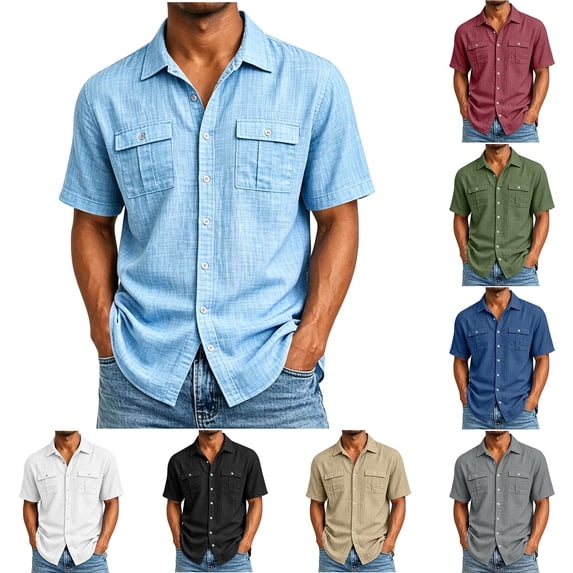 UVEASISHA Cotton Casual Button Down Shirts for Men Linen Look Short Sleeve Collared Shirt Regular Fit Lightweight Cargo Shirts with Pockets Army Green L
