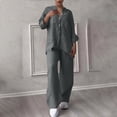 thumbnail image 1 of UVEASISHA Cotton Linen 2 Piece Outfits for Women Long Sleeve Matching Sets Solid Casual Button Down Shirts and Drawstring Wide Leg Pants Set Army Green XL, 1 of 7