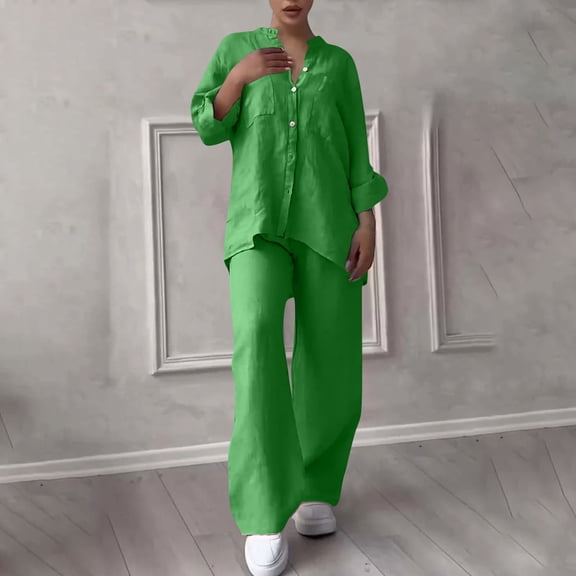 UVEASISHA Cotton Linen 2 Piece Outfits for Women Long Sleeve Matching Sets Solid Casual Button Down Shirts and Drawstring Wide Leg Pants Set Green XXXL