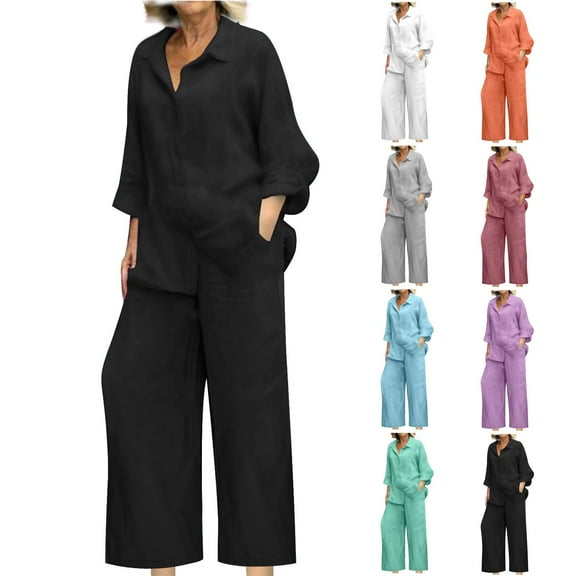 UVEASISHA Cotton Linen 2 Piece Outfits for Women Summer Loose Casual Vacation Outfits Long Sleeve Button Down Shirts and Wide Leg Pants Set Green XXXL