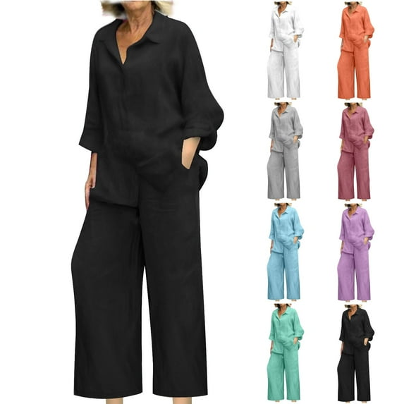 UVEASISHA Cotton Linen 2 Piece Outfits for Women Summer Loose Casual Vacation Outfits Long Sleeve Button Down Shirts and Wide Leg Pants Set Purple XL