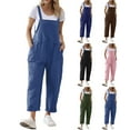 thumbnail image 1 of UVEASISHA Cotton Linen Bib Overalls for Women Sleeveless Summer Casual Jumpsuits One Piece Baggy Street Outfits with Pockets 2025 Blue M, 1 of 10