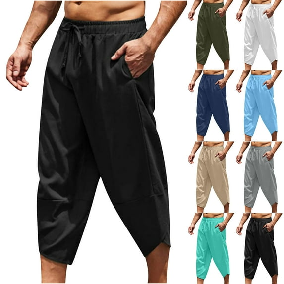UVEASISHA Cotton Linen Capri Pants for Men Solid Casual Elastic Waist Harem Pants Wide Leg Loose Drawstring Cropped Pants with Pockets Novelty Gifts Sky Blue M