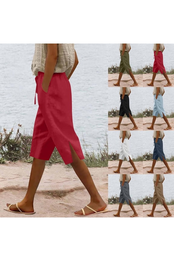 Cotton Linen Capri Pants for Women Drawstring Elastic Wais Straight Leg Capris with Pockets Lightweight Comfy Beach Bermuda Shorts Army Green XL