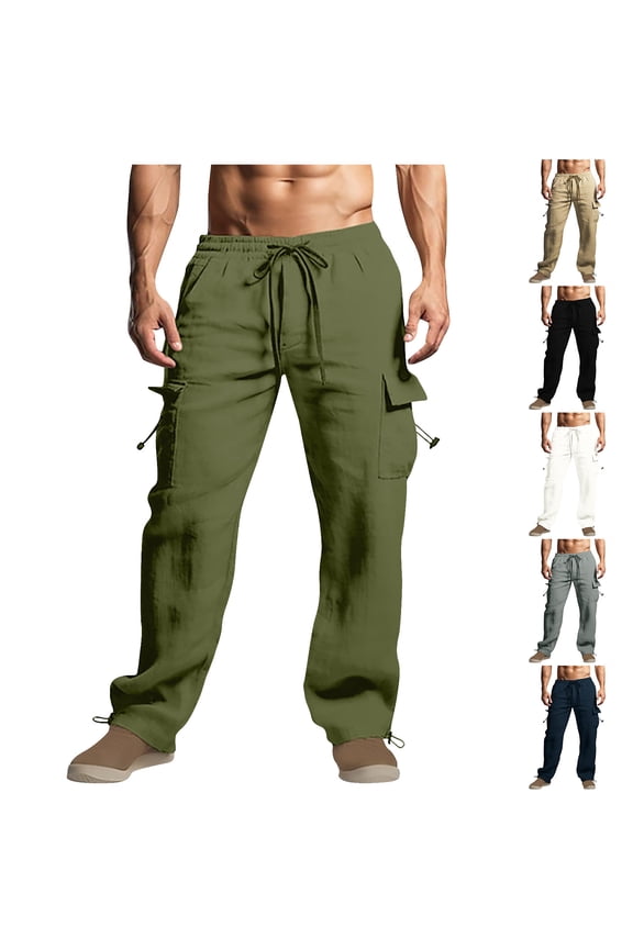 Cotton Linen Cargo Pants for Men Lightweight Quick Dry Hiking Pants Drawstring Elastic Waist Work Pants Multi Pocket Trousers with Adjustable Ankle Cuff Todays Sales Today,Black,S