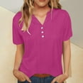 thumbnail image 1 of UVEASISHA Cotton Linen Henley Shirt for Women Short Sleeve Casual Dress Blouse Fashion Solid Button Up Work Blouse Hot Pink L, 1 of 7