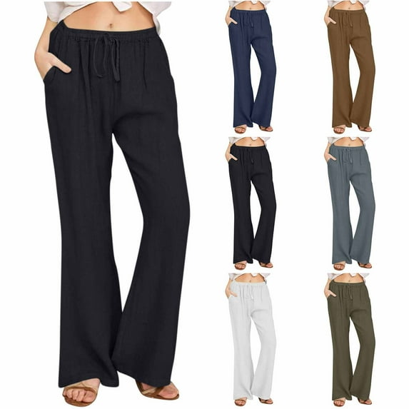 UVEASISHA Cotton Linen Pants for Women Solid High Waist Flare Pants Casual Business Trousers Pants with Pockets Army Green L