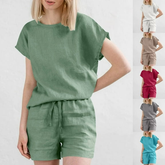 UVEASISHA Cotton Linen Shorts Sets for Women 2 Piece Short Sleeve Tshirt Matching Set Plus Size Lounge Sleepwear with Pockets Red L