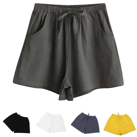 UVEASISHA Cotton Linen Shorts for Women Elastic Drawstring Casual Summer Shorts Breathable Wide Leg Beach Vacation Shorts with Pockets Blue S