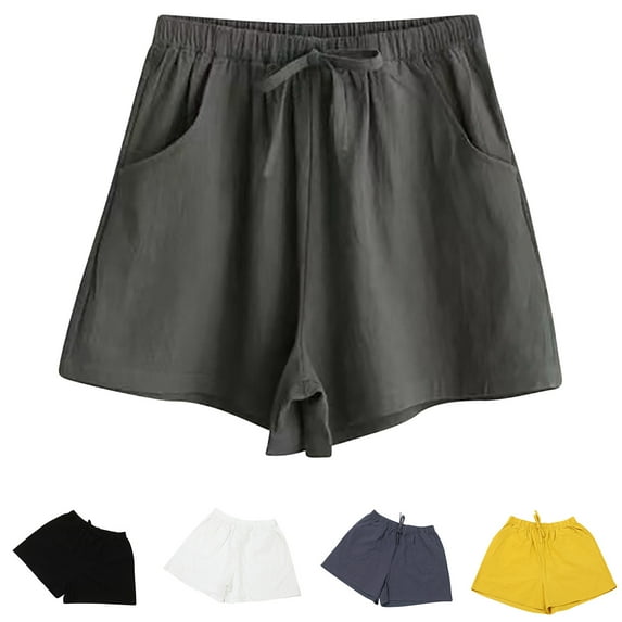 UVEASISHA Cotton Linen Shorts for Women Elastic Drawstring Casual Summer Shorts Breathable Wide Leg Beach Vacation Shorts with Pockets White S