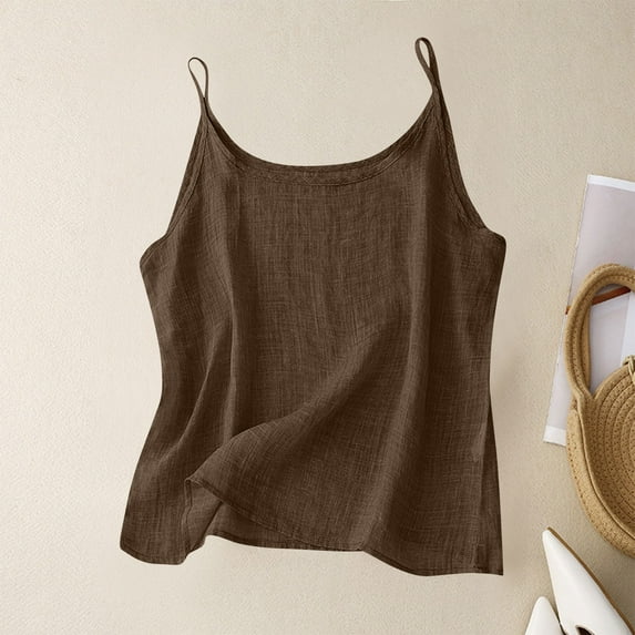 UVEASISHA Cotton Linen Tank Tops for Women Sleeveless Spaghetti Strap Cami Tanks Summer Breathable Beach Camisoles Brown M