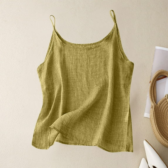 UVEASISHA Cotton Linen Tank Tops for Women Sleeveless Spaghetti Strap Cami Tanks Summer Breathable Beach Camisoles Green XL