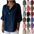 thumbnail image 1 of UVEASISHA Cotton Linen Tops for Women 2025 Summer Trendy 3/4 Sleeve Henley Shirt Loose Fit Button Up Blouse Blue M, 1 of 7
