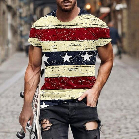 UVEASISHA Cotton Tshirts for Men Short Sleeve Stars Print T-Shirts Casual Party Clubwear Tee Tops Khaki XXXL