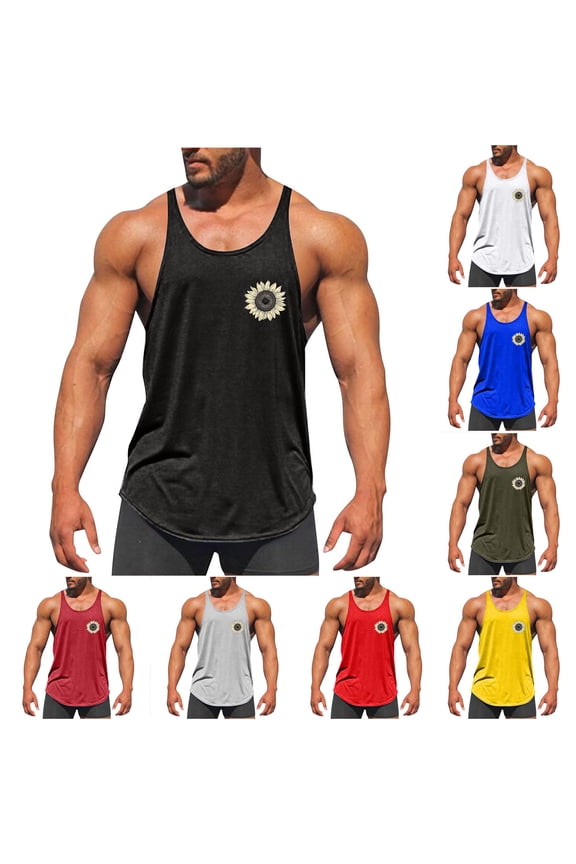 Cotton Workout Shirts Men Big and Tall Stringer Tank Tops Y Back Sleeveless Gym Muscle T-Shirts Casual Floral Print Athletic Tank Top White S