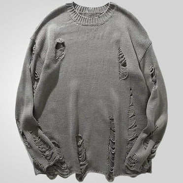 UVEASISHA Crewneck Sweater Men Ripped Hole Distressed Knitted Pullover Long Sleeve Vintage Casual Jumper Tops Loose Comfy Classic Sweaters Back to College Sale Gray 3XL