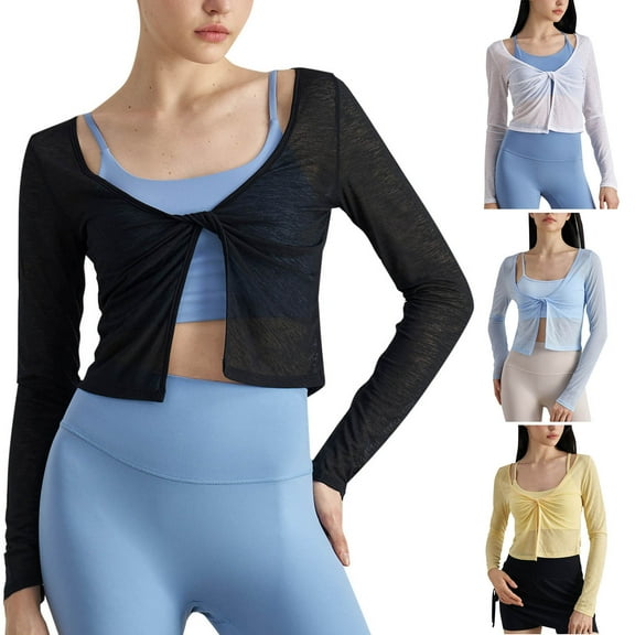 UVEASISHA Cropped Cardigan for Women Long Sleeve Tie Front Shrugs Cardigan Thin Casual Workout Pullovers Black L