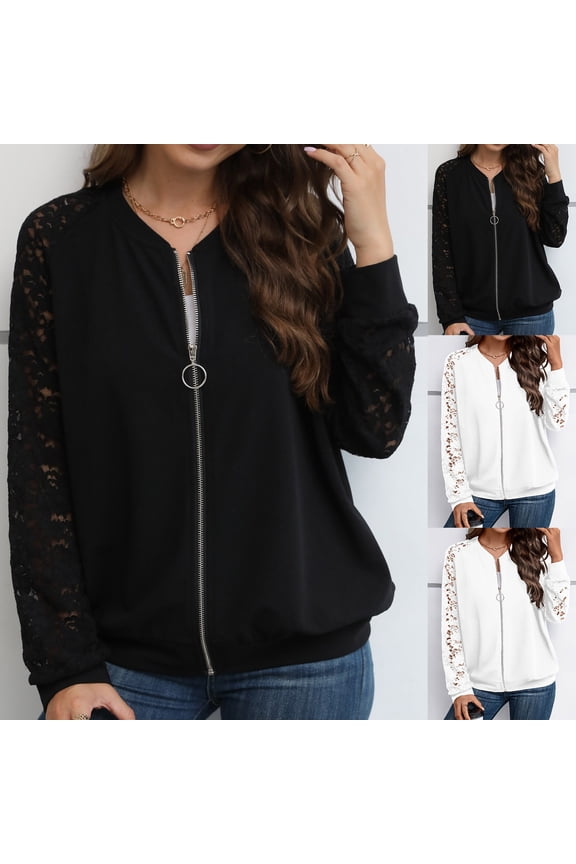 Cropped Jacket for Women Hollow Out Lace Long Sleeve Bomber Jackets Trendy Casual Zip Up Outwear Coats Black L