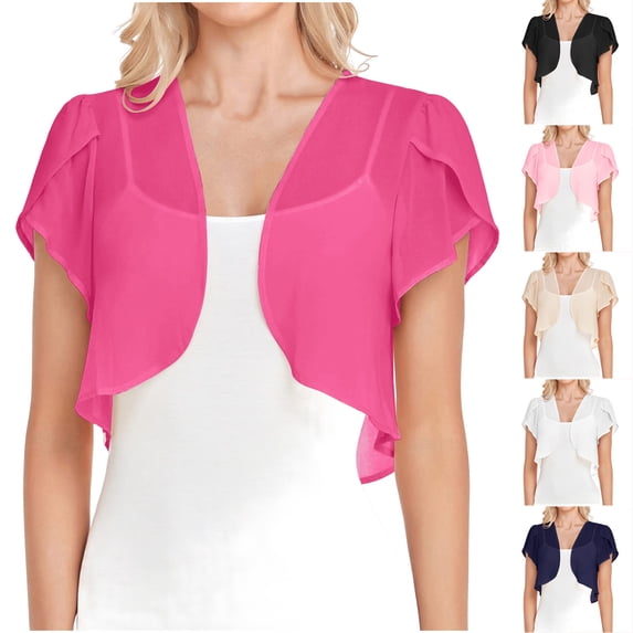 UVEASISHA Cropped Shrug Cardigan for Women Ruffle Short Sleeve Chiffon Bolero Shawl Mesh Summer Casual Open Front Cardigans Beige M