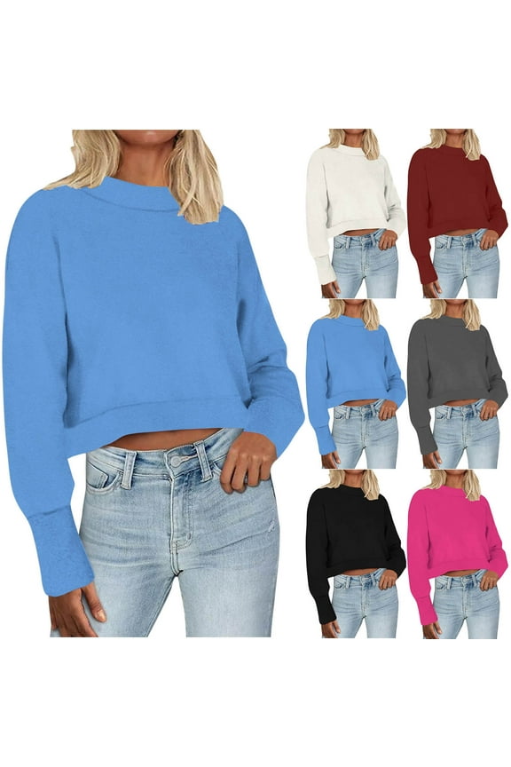 Cropped Tops for Women Long Sleeve Solid Crew Neck T Shirt Fashion Casual Fall Clothes Black XXL