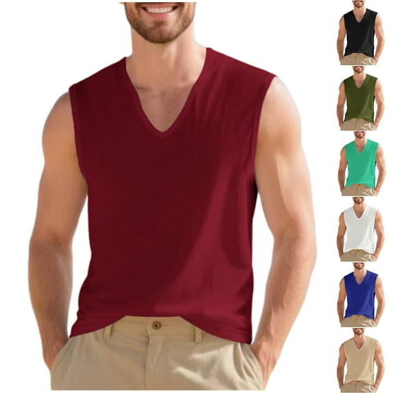 UVEASISHA Cut Off Shirts for Men Cotton V Neck Sleeveless Gym T-Shirts Solid Color Loose Beach Tank Tops Lightweight Bodybuilding Workout Shirt Army Green L