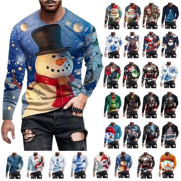 UVEASISHA Men's Christmas T-Shirts Funny Snowman Print Long Sleeve Graphic Tees Big And Tall Xmas Crewneck Tops Holiday Fashion Hipster Tee Shirt White 4XL