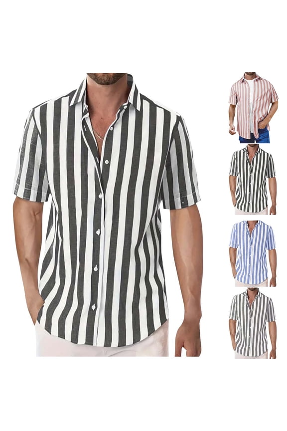 Clearance Sales Prime Sale Striped Button Down Shirts for Men Short Sleeve Lapel Beach Shirt Lightweight Casual Loose Vacation Shirts 2025 Summer Hawaiian Shirt Sky Blue L