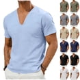 thumbnail image 1 of UVEASISHA Deep V Neck Linen T Shirts for Men Summer Fashion Short Sleeve Tees Business Casual Loose Work Shirt Solid Color Breathable Gauze Shirts Army Green L, 1 of 7
