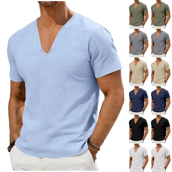 UVEASISHA Deep V Neck Linen T Shirts for Men Summer Fashion Short Sleeve Tees Business Casual Loose Work Shirt Solid Color Breathable Gauze Shirts Black XXL