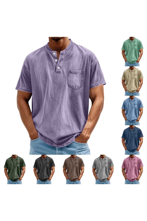 Distressed Henley Shirts for Men Acid Washed Oversized T Shirts Short Sleeve Casual Summer Tees Stylish 3-Button Collarless T-Shirt with Chest Pocket Gray L