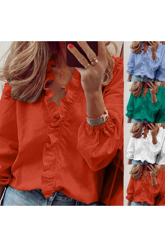 Dressy Casual Blouse for Women Long Sleeve Ruffled Tunic Tops Plus Size Business Work Blouse Orange XXL