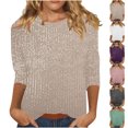 thumbnail image 1 of UVEASISHA Dressy Casual T Shirts for Women Sparkly Glitter 3/4 Sleeve Crew Neck Tee Tops Loose Fit Solid Color Summer Tees Pink XXL, 1 of 7