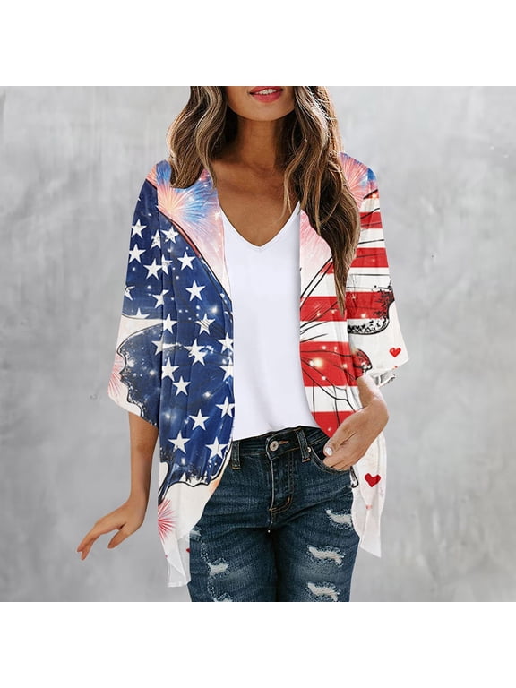 Duster Cardigans for Women USA Flag Funny Graphic 3/4 Sleeve Open Front Kimonos Chiffon Loose Fashion Vacation Beach Cover Ups Independence Day Outfits Multicolor XXXL