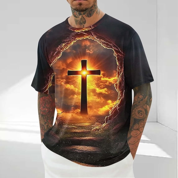 UVEASISHA Easter Day Gifts for Men Big and Tall Fashion Cross 3D Graphic Tees Short Sleeve Casual Religious Faith T-Shirts Crewneck Christian Tshirt Brown L