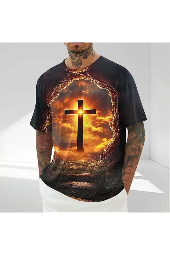 Easter Day Gifts for Men Big and Tall Fashion Cross 3D Graphic Tees Short Sleeve Casual Religious Faith T-Shirts Crewneck Christian Tshirt Brown L