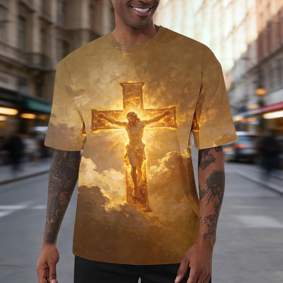 UVEASISHA Easter Short Sleeve T-Shirts for Men Fashion Cross Print Christian Graphic Tees Comfy Crew Neck Loose Tshirt Big and Tall Casual Workout Shirts Gold 5XL