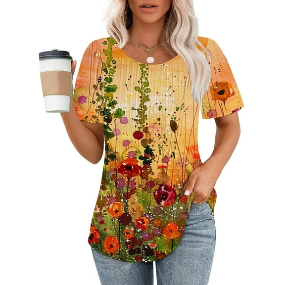 UVEASISHA Elegant Floral Tops for Women Summer Casual Work Blouse Short Sleeve Crew Neck Pleated Blouses Multicolor#2 S