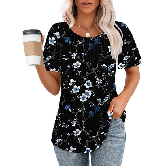UVEASISHA Elegant Floral Tops for Women Summer Casual Work Blouse Short Sleeve Crew Neck Pleated Blouses Multicolor#4 M