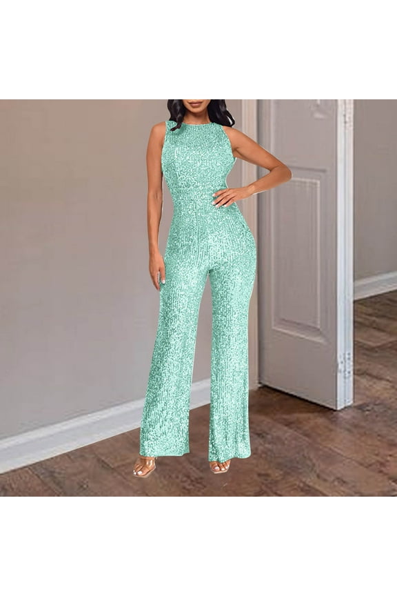Elegant Jumpsuit for Women Slim Fit Sleeveless Cocktail Party Rompers Off Shoulder Shiny Sequin Clubwear Mint Green XXXL