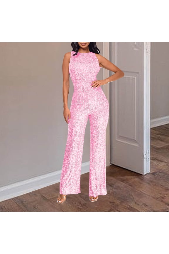 Elegant Jumpsuit for Women Slim Fit Sleeveless Cocktail Party Rompers Off Shoulder Shiny Sequin Clubwear Pink S