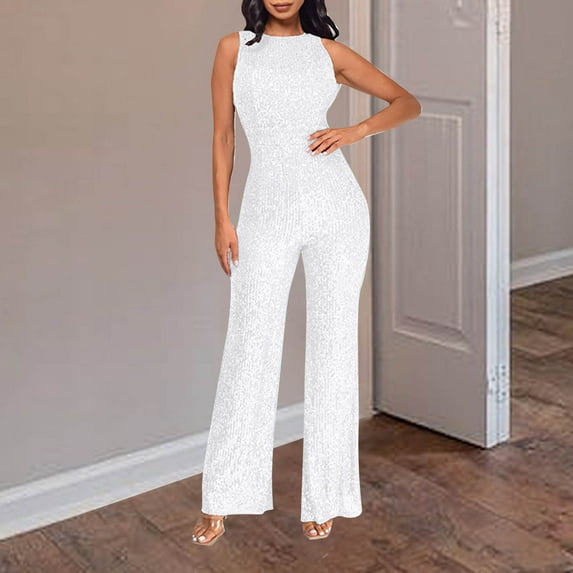 UVEASISHA Elegant Jumpsuit for Women Slim Fit Sleeveless Cocktail Party Rompers Off Shoulder Shiny Sequin Clubwear Silver M