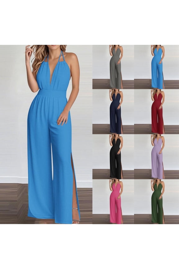 Elegant Jumpsuits for Women Sleeveless Adjustable Backless Halter Overalls Side Split One Piece Outfits Cocktail Party Wide Leg Rompers Hot Pink S