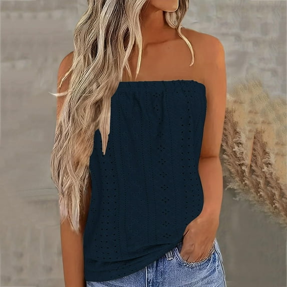 UVEASISHA Eyelet Tube Tops for Women 2025 Summer Casual Backless Bandeau Shirts Sleeveless Boho Strapless Tank Top Navy XXL