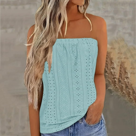 UVEASISHA Eyelet Tube Tops for Women 2025 Summer Casual Backless Bandeau Shirts Sleeveless Boho Strapless Tank Top Sky Blue L