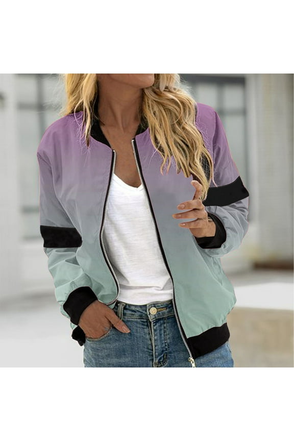 Fall Jacket for Women Gradient Coat Thin Lightweight Bomber Jackets Long Sleeve Zip Up Joggers Jackets Black L